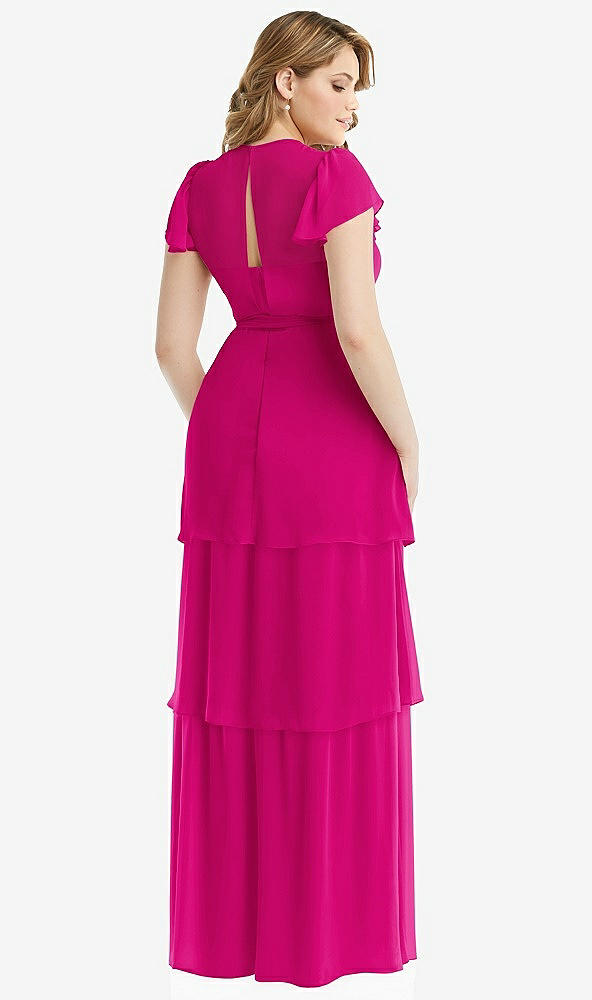 Back View - Think Pink Flutter Sleeve Jewel Neck Chiffon Maxi Dress with Tiered Ruffle Skirt