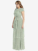 Side View Thumbnail - Vintage Primrose Sage Flutter Sleeve Jewel Neck Chiffon Maxi Dress with Tiered Ruffle Skirt