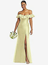 Alt View 1 Thumbnail - Butter Yellow Off-the-Shoulder Ruffle Neck Satin Trumpet Gown