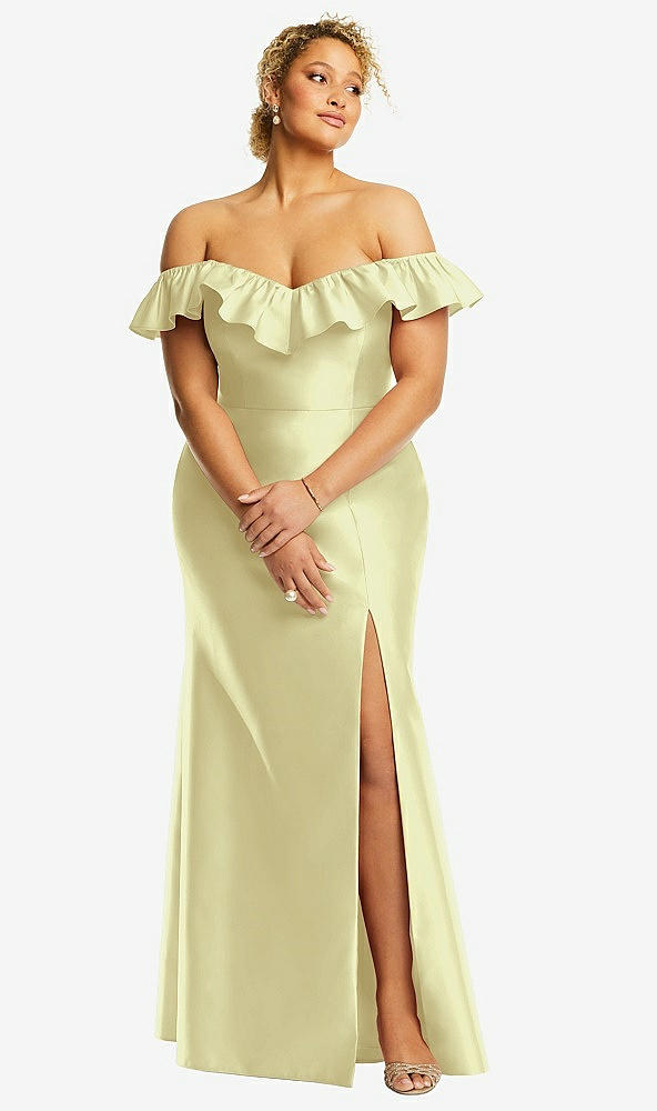 Front View - Butter Yellow Off-the-Shoulder Ruffle Neck Satin Trumpet Gown