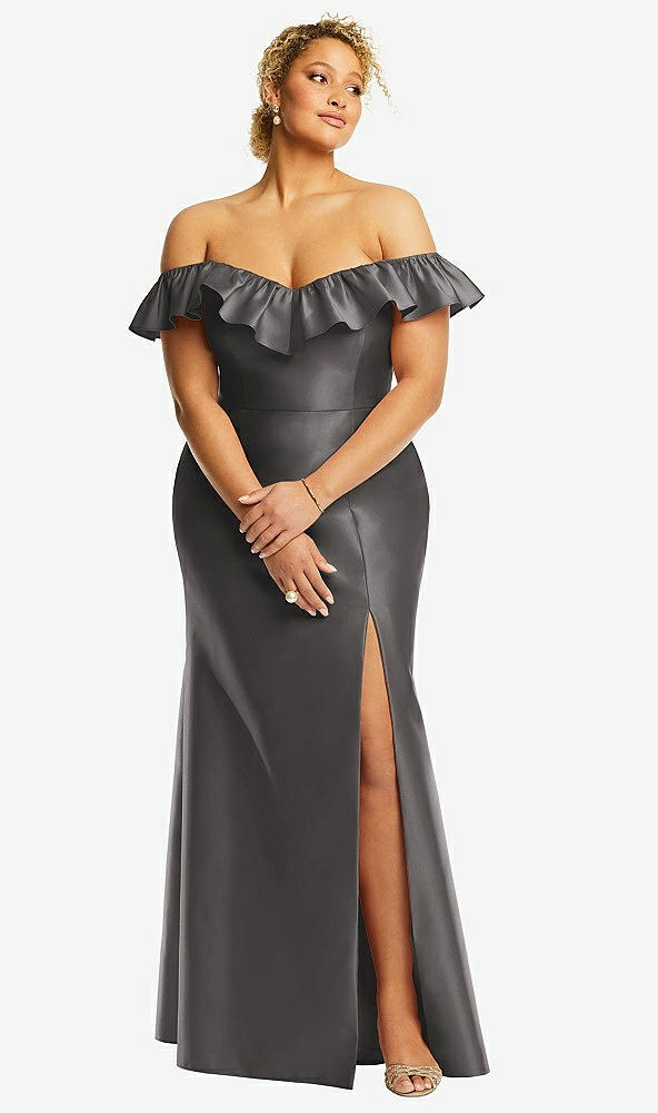 Front View - Caviar Gray Off-the-Shoulder Ruffle Neck Satin Trumpet Gown