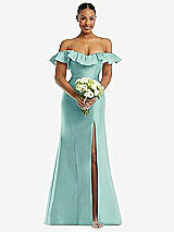 Alt View 2 Thumbnail - Coastal Off-the-Shoulder Ruffle Neck Satin Trumpet Gown