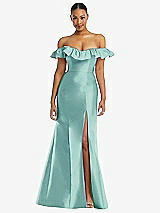 Alt View 3 Thumbnail - Coastal Off-the-Shoulder Ruffle Neck Satin Trumpet Gown