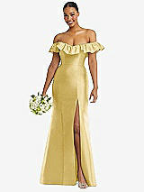 Alt View 1 Thumbnail - Maize Off-the-Shoulder Ruffle Neck Satin Trumpet Gown