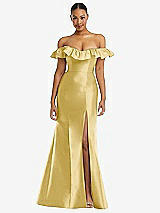 Alt View 3 Thumbnail - Maize Off-the-Shoulder Ruffle Neck Satin Trumpet Gown