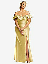 Front View Thumbnail - Maize Off-the-Shoulder Ruffle Neck Satin Trumpet Gown