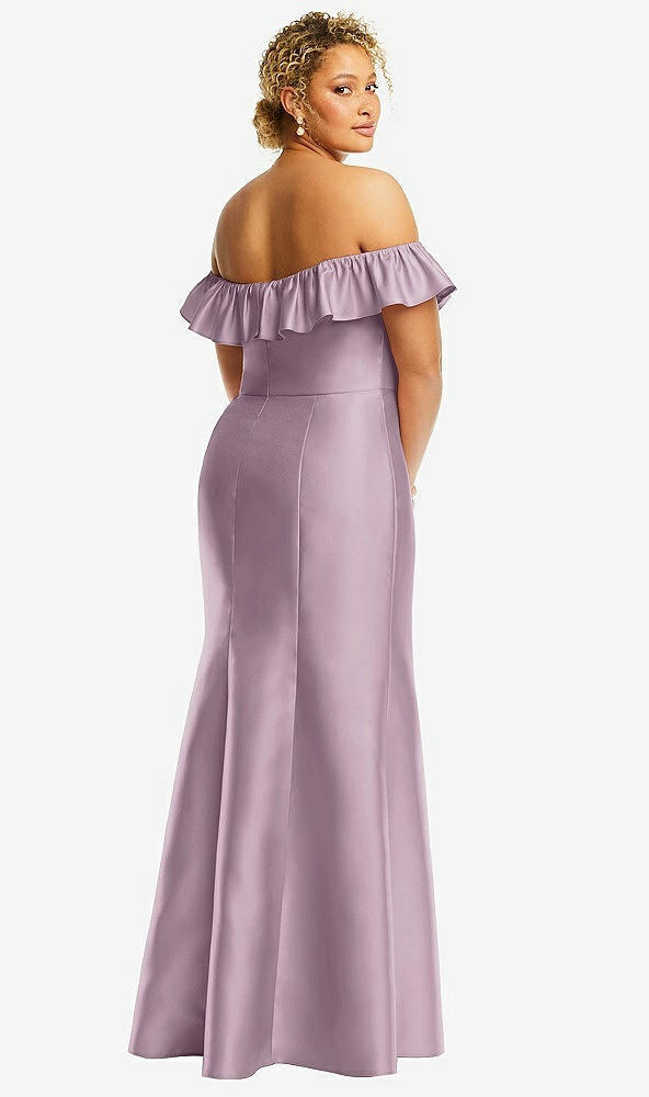 Back View - Suede Rose Off-the-Shoulder Ruffle Neck Satin Trumpet Gown