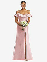 Alt View 2 Thumbnail - Ballet Pink Off-the-Shoulder Ruffle Neck Satin Trumpet Gown