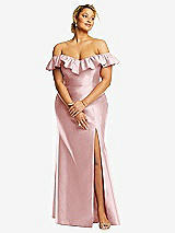 Front View Thumbnail - Ballet Pink Off-the-Shoulder Ruffle Neck Satin Trumpet Gown