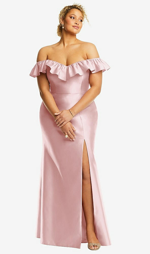 Front View - Ballet Pink Off-the-Shoulder Ruffle Neck Satin Trumpet Gown