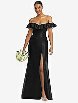 Alt View 1 Thumbnail - Black Off-the-Shoulder Ruffle Neck Satin Trumpet Gown