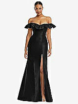 Alt View 3 Thumbnail - Black Off-the-Shoulder Ruffle Neck Satin Trumpet Gown