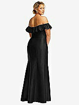 Rear View Thumbnail - Black Off-the-Shoulder Ruffle Neck Satin Trumpet Gown