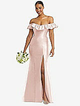 Alt View 1 Thumbnail - Blush Off-the-Shoulder Ruffle Neck Satin Trumpet Gown