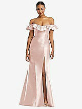 Alt View 3 Thumbnail - Blush Off-the-Shoulder Ruffle Neck Satin Trumpet Gown