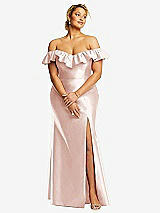 Front View Thumbnail - Blush Off-the-Shoulder Ruffle Neck Satin Trumpet Gown