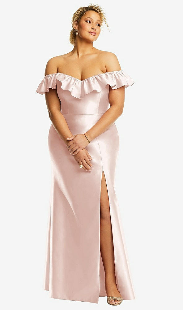 Front View - Blush Off-the-Shoulder Ruffle Neck Satin Trumpet Gown