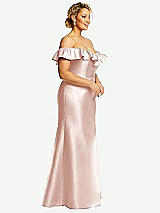 Side View Thumbnail - Blush Off-the-Shoulder Ruffle Neck Satin Trumpet Gown