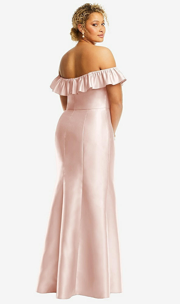 Back View - Blush Off-the-Shoulder Ruffle Neck Satin Trumpet Gown