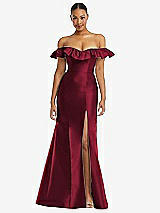 Alt View 3 Thumbnail - Burgundy Off-the-Shoulder Ruffle Neck Satin Trumpet Gown