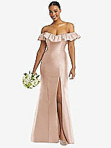 Alt View 1 Thumbnail - Cameo Off-the-Shoulder Ruffle Neck Satin Trumpet Gown