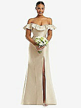 Alt View 2 Thumbnail - Champagne Off-the-Shoulder Ruffle Neck Satin Trumpet Gown