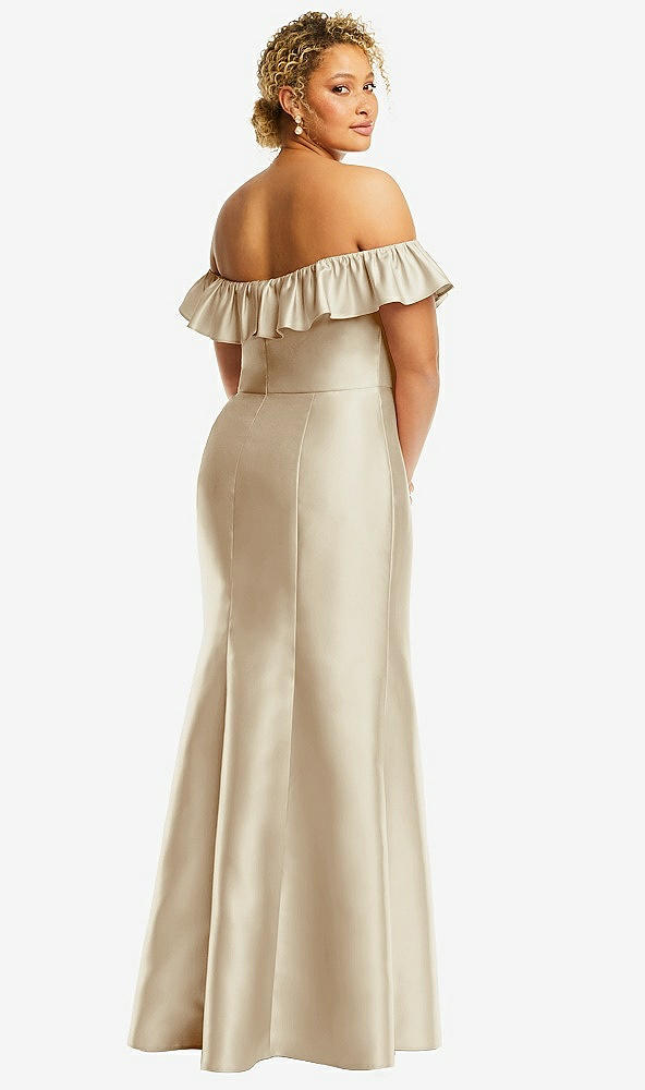 Back View - Champagne Off-the-Shoulder Ruffle Neck Satin Trumpet Gown