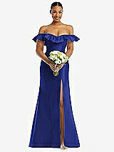 Alt View 2 Thumbnail - Cobalt Blue Off-the-Shoulder Ruffle Neck Satin Trumpet Gown