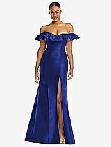 Alt View 3 Thumbnail - Cobalt Blue Off-the-Shoulder Ruffle Neck Satin Trumpet Gown