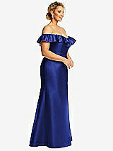 Side View Thumbnail - Cobalt Blue Off-the-Shoulder Ruffle Neck Satin Trumpet Gown