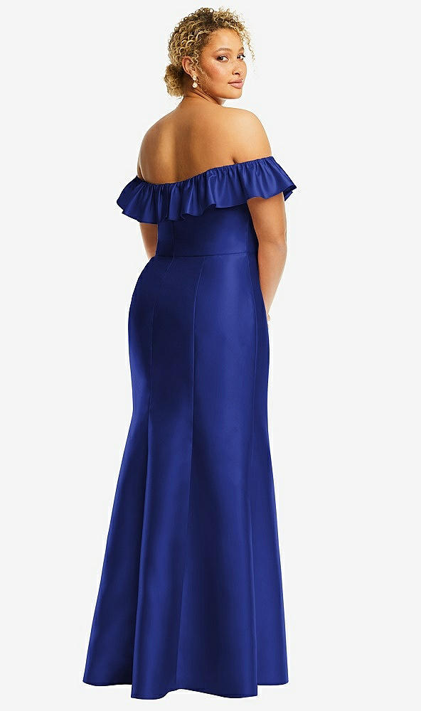 Back View - Cobalt Blue Off-the-Shoulder Ruffle Neck Satin Trumpet Gown