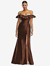 Alt View 3 Thumbnail - Cognac Off-the-Shoulder Ruffle Neck Satin Trumpet Gown