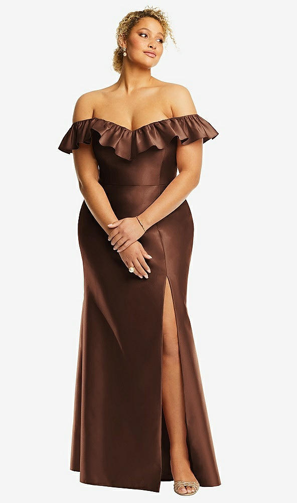 Front View - Cognac Off-the-Shoulder Ruffle Neck Satin Trumpet Gown