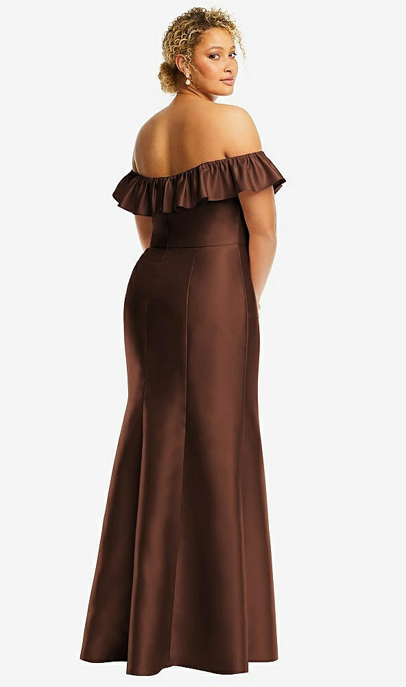 Back View - Cognac Off-the-Shoulder Ruffle Neck Satin Trumpet Gown