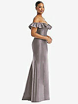 Alt View 4 Thumbnail - Cashmere Gray Off-the-Shoulder Ruffle Neck Satin Trumpet Gown