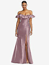 Alt View 3 Thumbnail - Dusty Rose Off-the-Shoulder Ruffle Neck Satin Trumpet Gown