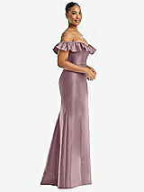 Alt View 4 Thumbnail - Dusty Rose Off-the-Shoulder Ruffle Neck Satin Trumpet Gown