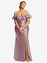 Front View Thumbnail - Dusty Rose Off-the-Shoulder Ruffle Neck Satin Trumpet Gown