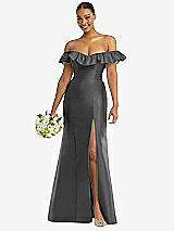 Alt View 1 Thumbnail - Gunmetal Off-the-Shoulder Ruffle Neck Satin Trumpet Gown