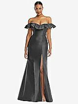 Alt View 3 Thumbnail - Gunmetal Off-the-Shoulder Ruffle Neck Satin Trumpet Gown