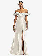 Alt View 3 Thumbnail - Ivory Off-the-Shoulder Ruffle Neck Satin Trumpet Gown