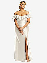 Front View Thumbnail - Ivory Off-the-Shoulder Ruffle Neck Satin Trumpet Gown