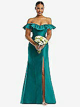 Alt View 2 Thumbnail - Jade Off-the-Shoulder Ruffle Neck Satin Trumpet Gown