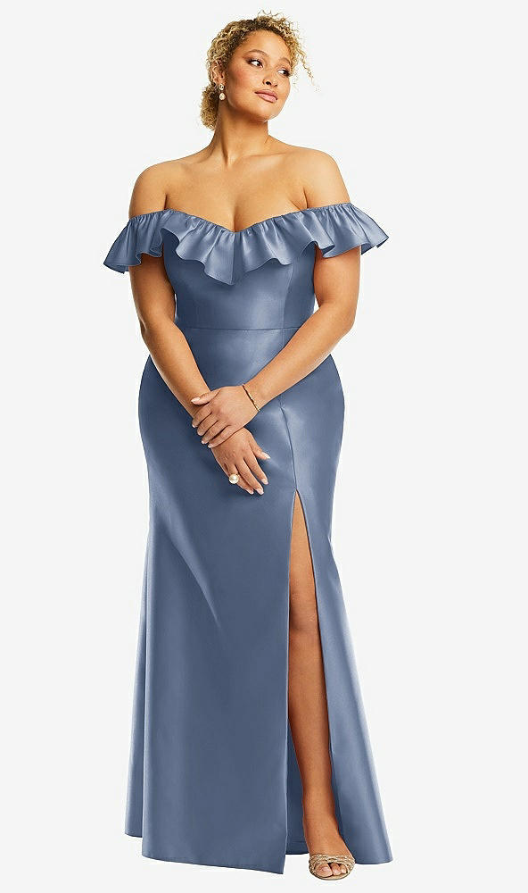 Front View - Larkspur Blue Off-the-Shoulder Ruffle Neck Satin Trumpet Gown