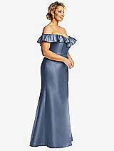 Side View Thumbnail - Larkspur Blue Off-the-Shoulder Ruffle Neck Satin Trumpet Gown