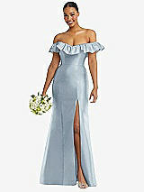 Alt View 1 Thumbnail - Mist Off-the-Shoulder Ruffle Neck Satin Trumpet Gown