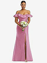 Alt View 2 Thumbnail - Powder Pink Off-the-Shoulder Ruffle Neck Satin Trumpet Gown