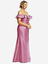 Side View Thumbnail - Powder Pink Off-the-Shoulder Ruffle Neck Satin Trumpet Gown