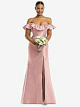 Alt View 2 Thumbnail - Rose - PANTONE Rose Quartz Off-the-Shoulder Ruffle Neck Satin Trumpet Gown