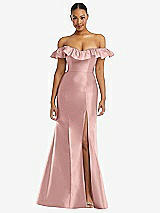 Alt View 3 Thumbnail - Rose - PANTONE Rose Quartz Off-the-Shoulder Ruffle Neck Satin Trumpet Gown